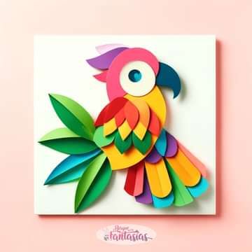 a colorful bird cut out of paper on a pink background