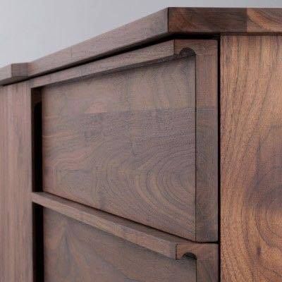 a close up of a wooden cabinet with two drawers