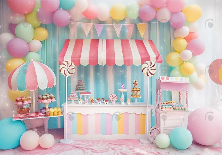 a candy shop with balloons and sweets on display