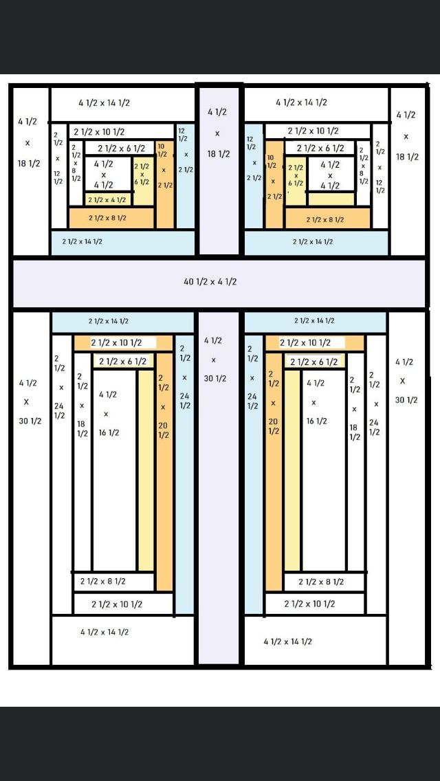 four different sections of a building with measurements