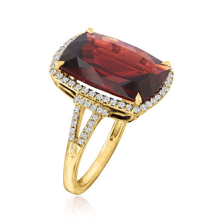 Ross-Simons - 13.00ct Garnet, .40ct t. w. Diamond Ring Emerald Cut in 14kt Yellow Gold. Size 7. Give your ring collection an upgrade with this stunning piece! A 13.00 carat cushion-cut garnet is trimmed by .40 ct. t. w. round brilliant-cut diamonds in polished 14kt yellow gold. 3/4" wide. Diamond and garnet ring. Garnet birthstones are the perfect gift for January birthdays. Diamond Ring Emerald Cut, Diamond Ring Emerald, Garnet And Diamond Ring, Garnet Birthstone, Ring Emerald Cut, Emerald Cut Diamond Ring, Ring Emerald, Yellow Gold Jewelry, Diamond Cocktail Rings