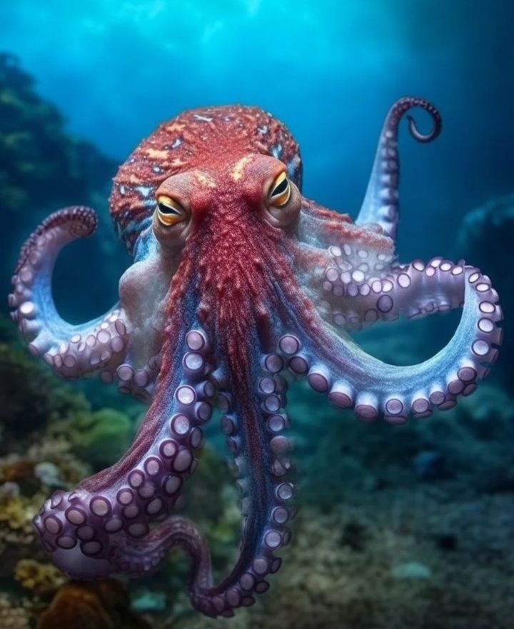 an octopus is swimming in the ocean with its eyes open and it's head turned to the side