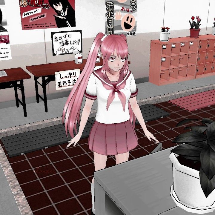 a girl with long pink hair is standing in a room next to a desk and chair