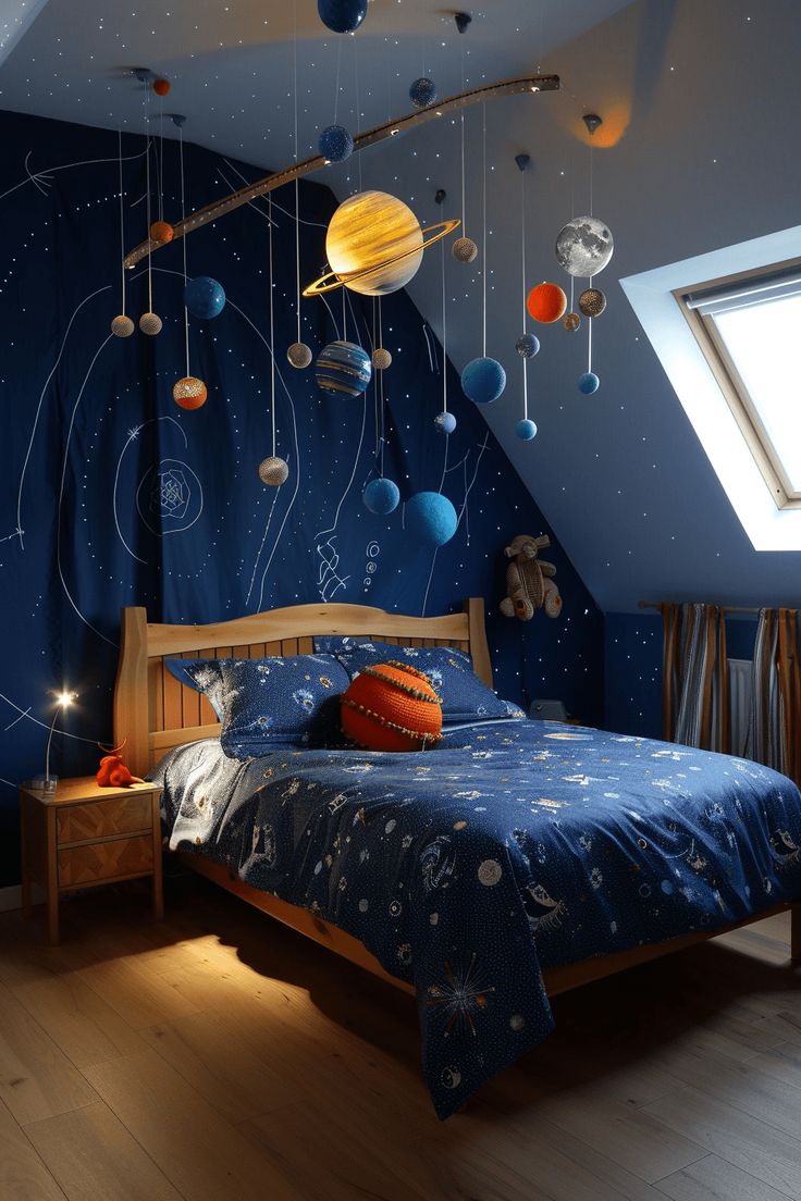 a bed room with a neatly made bed and solar system decorations on the wall above it