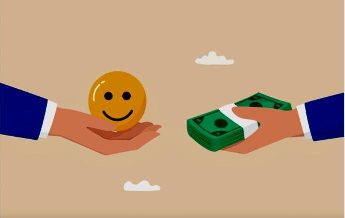 two hands holding money and smiling face on top of each other with clouds in the background