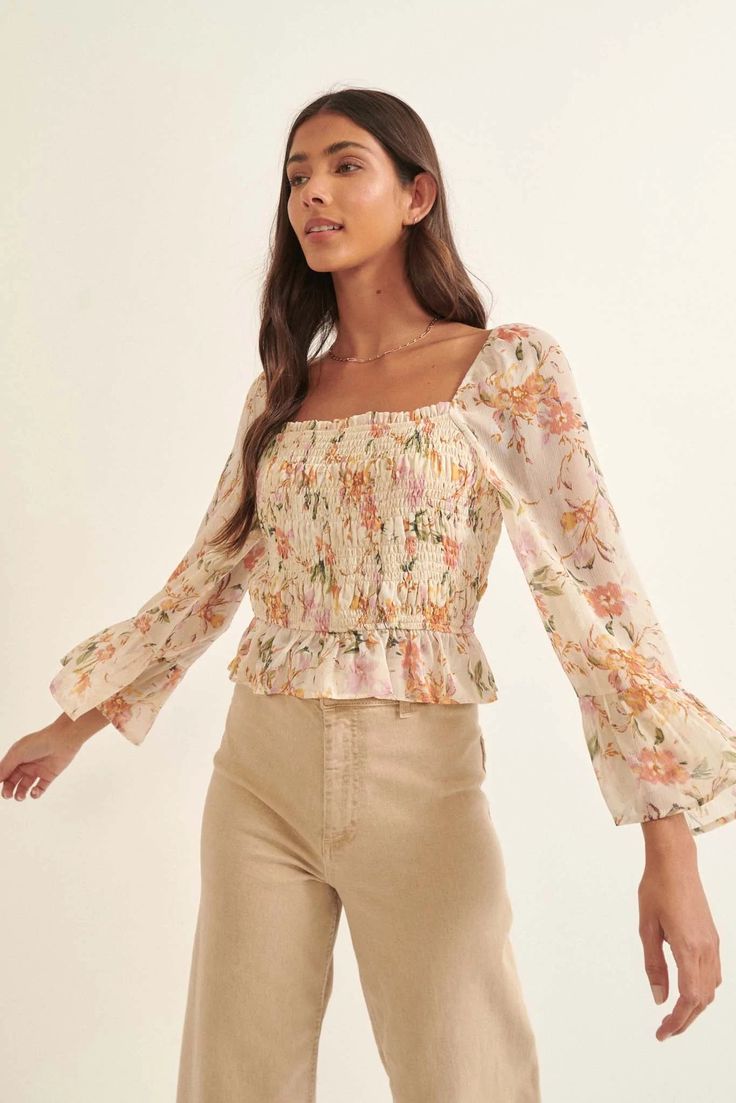 Floral-print chiffon blouse Square neckline. Smocked bodice. Long bell sleeves with ruffle cuffs. Low square back. Ruffle hem. Sleeveless lining. Cropped length. Fitted silhouette. 100% Polyester. Imported. Designed in LA. Model wears size S. Floral Print Chiffon Blouse, Floral Peasant Top, Anthropologie Inspired, Smock Blouse, Floral Print Design, Floral Print Chiffon, Sheer Chiffon, Floral Print Blouses, Peasant Top