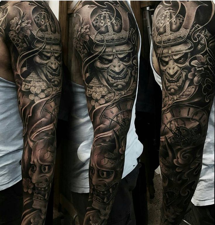 Japanese Warrior Tattoo, Samurai Tattoo Sleeve, Warrior Tattoo Sleeve, Samurai Warrior Tattoo, Cool Shoulder Tattoos, Arm Tats, Hannya Mask, Samurai Tattoo Design, Tattoos Arm