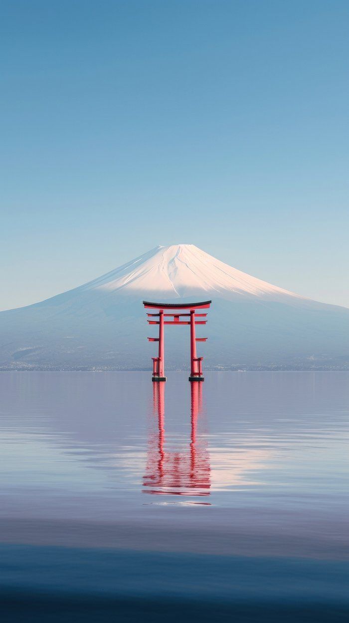 a large body of water with a red gate in the foreground and a mountain in the background