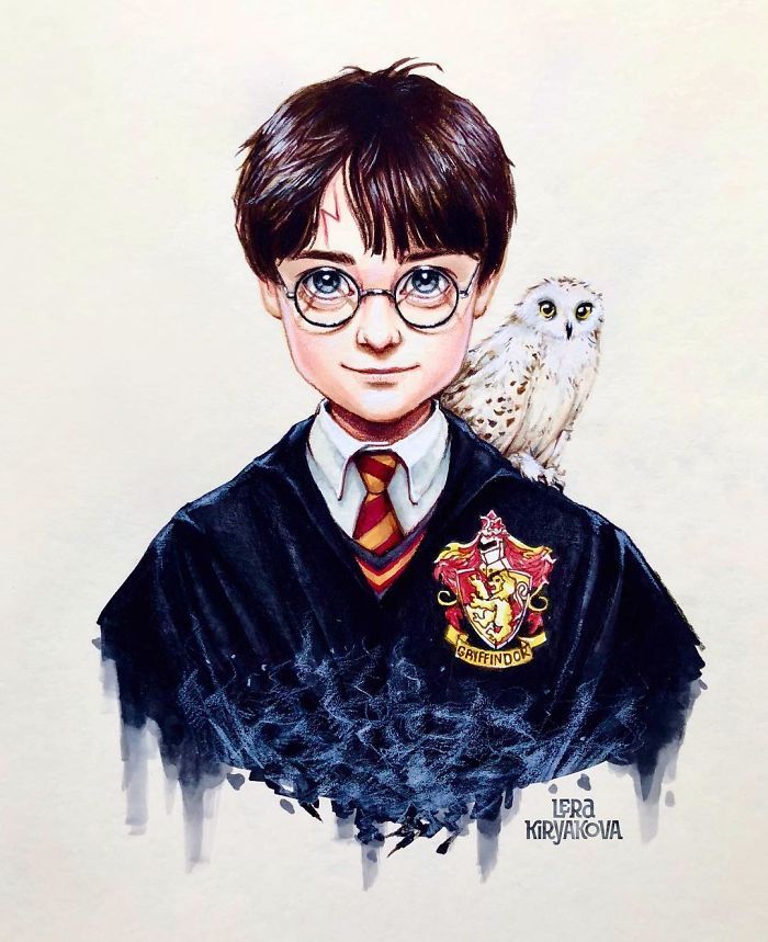 a drawing of harry potter holding an owl