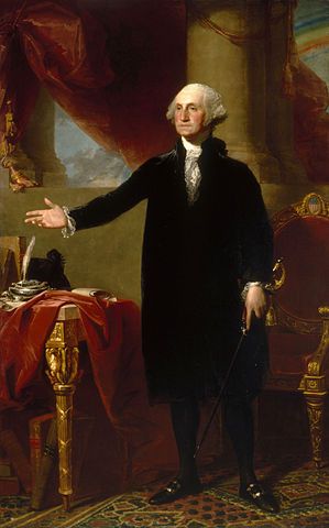 a painting of a man in a black suit and white hair standing next to a table