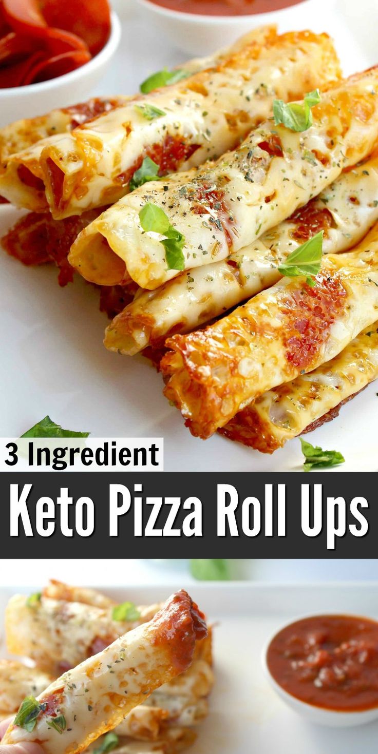 there are three different ways to make keto pizza roll ups with cheese and tomato sauce