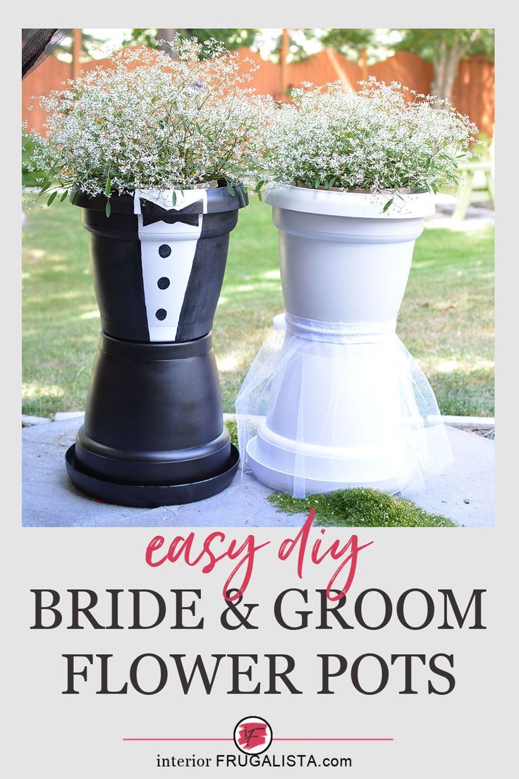 two flower pots with flowers in them and the words easy diy bride and groom flower pots