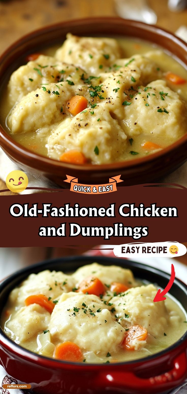 an old - fashioned chicken and dumplings recipe is shown in two different bowls with the title overlay