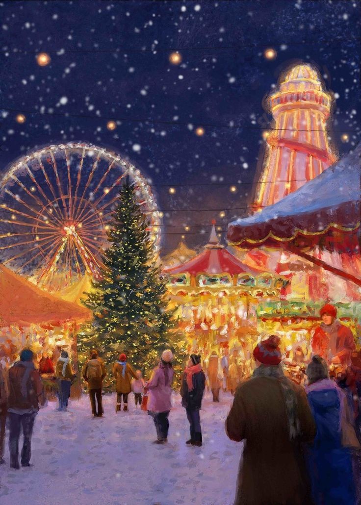 a painting of people walking around in the snow near a christmas tree and ferris wheel