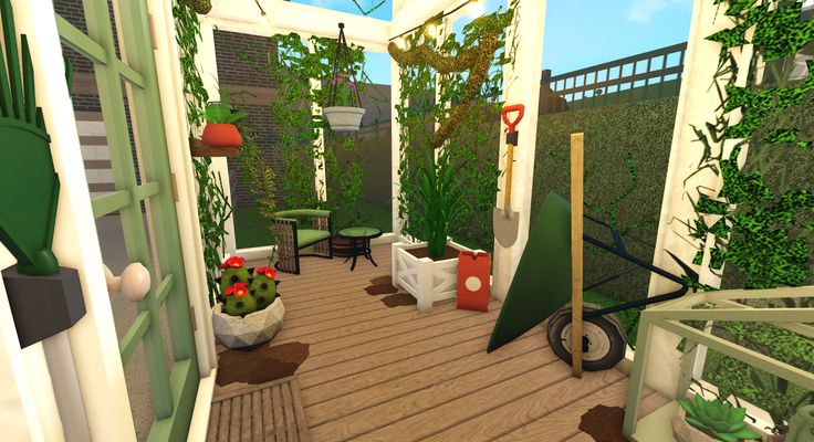 an animated image of a porch with potted plants on the floor and green walls