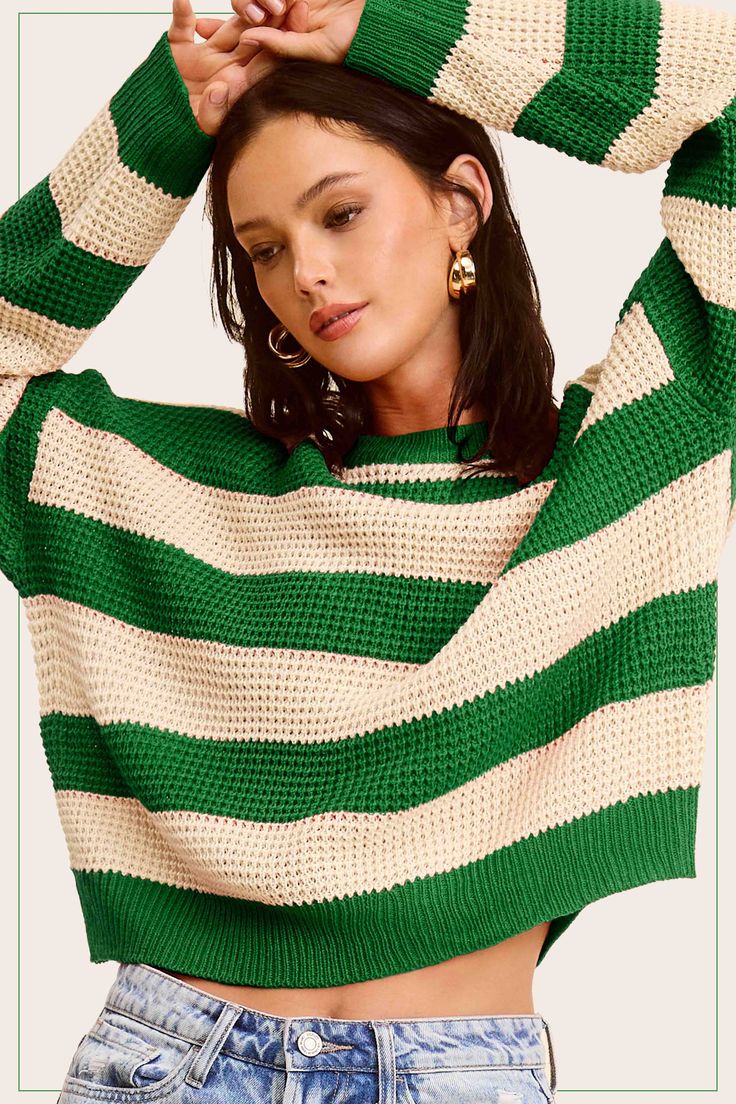 Stylish pullover in a super soft fabric that you would love to be in all day. Featured in a striped knit fabrication with long sleeve, round neckline and a loose fit. Match with any bottoms such as jeans, skirts or bike shorts to give a variety look. sweater top, pullover sweater, oversized, loose fit, striped sweater, round neckline, long sleeve Green Stipe Sweater, Girls Hannah, Bling Shoes, Sweater Oversized, Loose Sweater, Sporty Chic, Romper With Skirt, Striped Sweater, Striped Knit