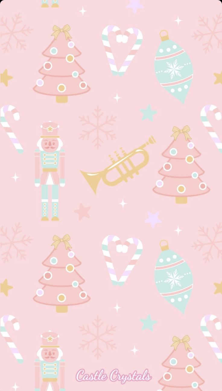 a pink wallpaper with christmas ornaments and toys on it's side, including a nutcracker