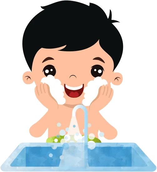 a young boy washing his face in the bathroom sink with soap on his hands and smiling