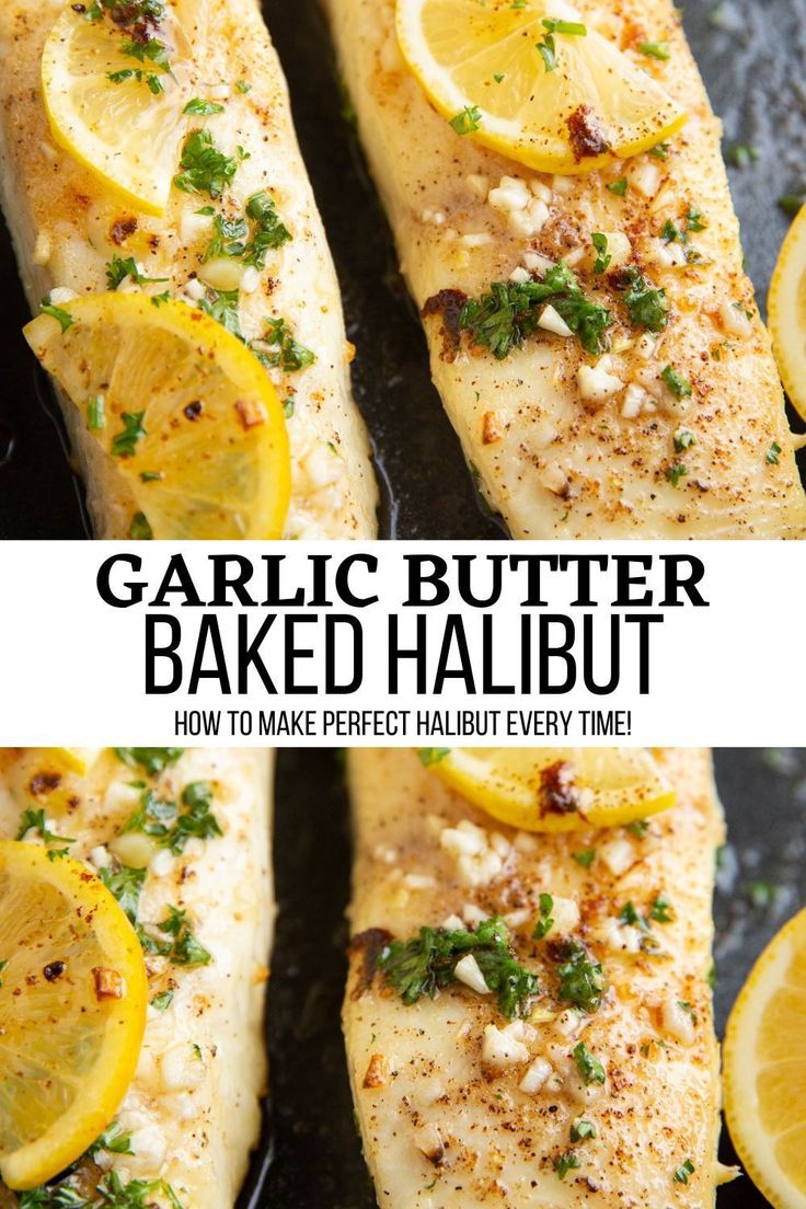 garlic butter baked halibut recipe with lemons and parsley on the side