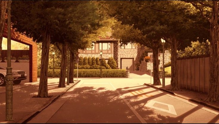 an empty street with trees on both sides and cars parked in the driveways behind it