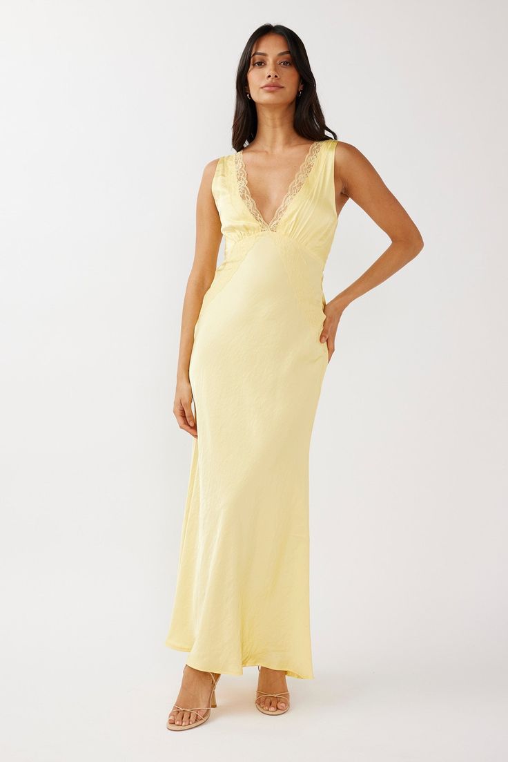 Ivonne Lace Trim V-Neck Maxi Dress Yellow Pastel Yellow Dresses, Bridesmaid Stuff, Hot Wedding, Nude Strappy Heels, Selfie Leslie, Yellow Maxi Dress, Yellow Bridesmaids, Birthday Inspo, Maxi Dress Formal