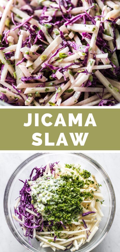 two pictures with different types of food in them and the words, jicama slaw