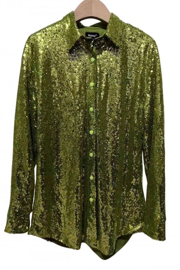 Green Casual Patchwork Sequins Shirt Collar Tops Green Collared Blouse For Party, Green Collared Party Top, Green Button-up Party Shirt, Green Collared Party Shirt, Green Long Sleeve Sequin Top, Green Sequined Long Sleeve Top, Blouse 2023, Woman Blouse, Glitter Shirt