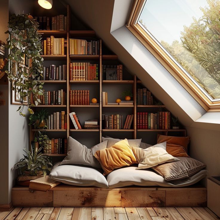 an attic bedroom with bookshelves filled with books and pillows on the bed in front of the window