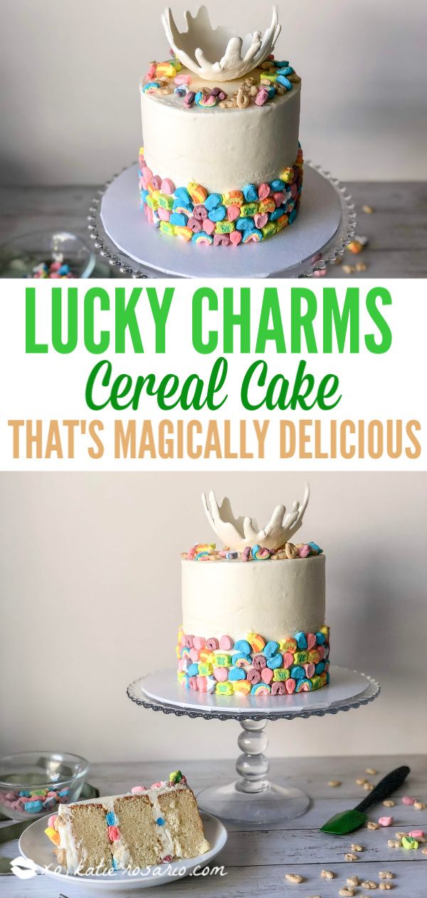 there is a cake with sprinkles on it and the words lucky charms cereal cake that's magicianly delicious