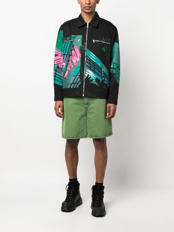 Palm Angels Miami-print Cotton Jacket - Farfetch Black Printed Cotton Outerwear, Printed Cotton Outerwear For Streetwear, Casual Green Printed Outerwear, Green Urban Outerwear With Graphic Print, Urban Green Outerwear With Graphic Print, Urban Green Graphic Print Outerwear, Black Zip Ups, Palm Angels, Workwear Fashion