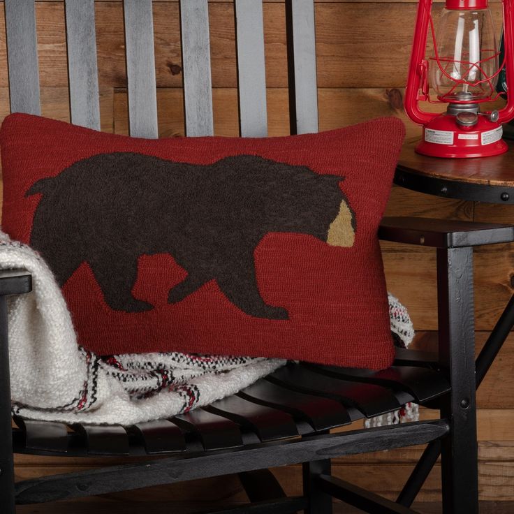 Wildlife Patch Red Bear Accent Pillow Cabin Style Decor, Crimson Background, Black Bear Decor, Rustic Bedding Sets, Rustic Cottage Decor, Rustic Throw Pillows, Hooked Pillow, Vhc Brands, Bear Pillow