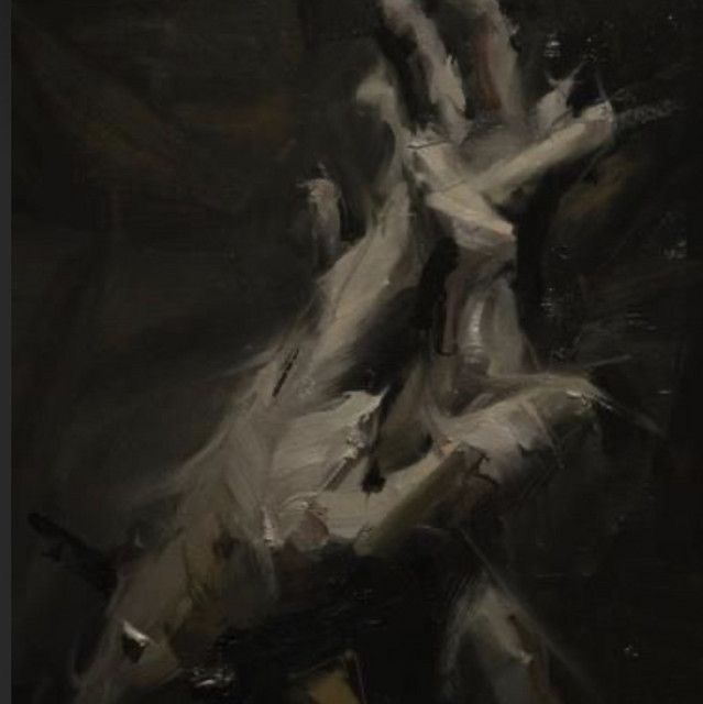 an abstract painting of a person with their arms stretched out in the air, holding something