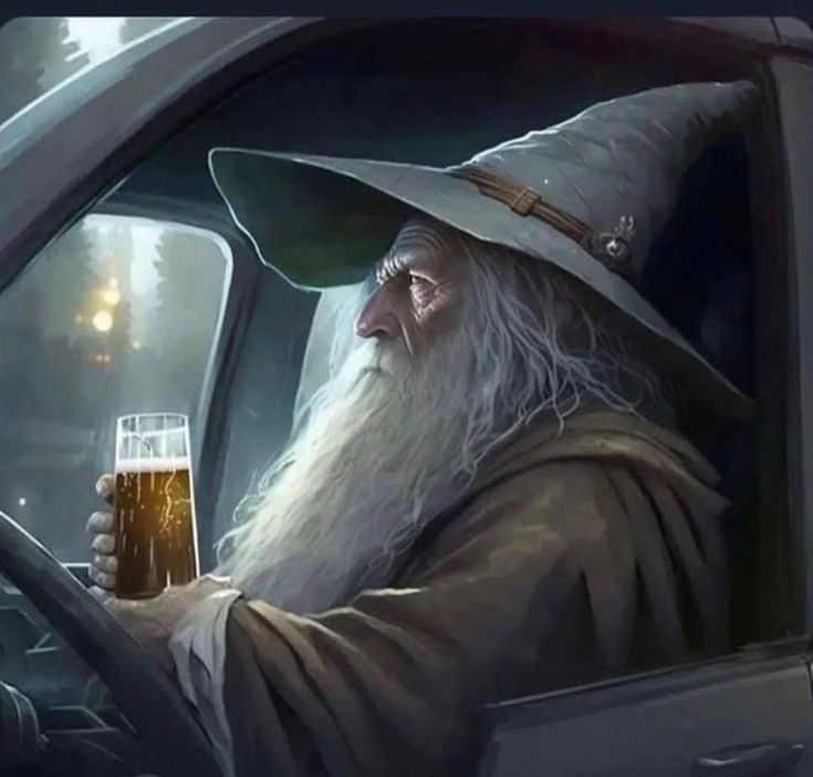 an old man in a car holding a glass of beer