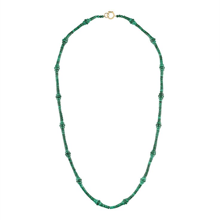 Malachite beaded necklace with 18k gold clasp Elegant Emerald Beaded Necklaces, Elegant Emerald Jewelry With Polished Beads, Luxury Beaded Necklaces With Round Beads, Luxury Necklaces With Gemstone Round Beads, Luxury Rondelle Gemstone Beaded Necklaces, Luxury Beaded Necklace With Polished Rondelle Beads, Luxury Single Strand Beaded Necklaces, Traditional Beaded Chain Necklace For Formal Occasions, Traditional Formal Necklace With Beaded Chain