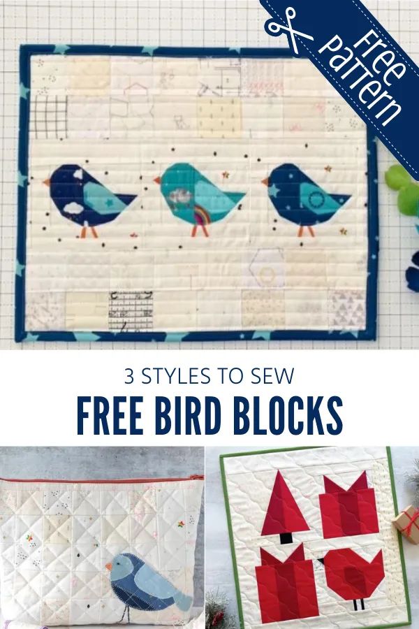 three different bird blocks with text overlay that says 3 styles to sew free bird blocks