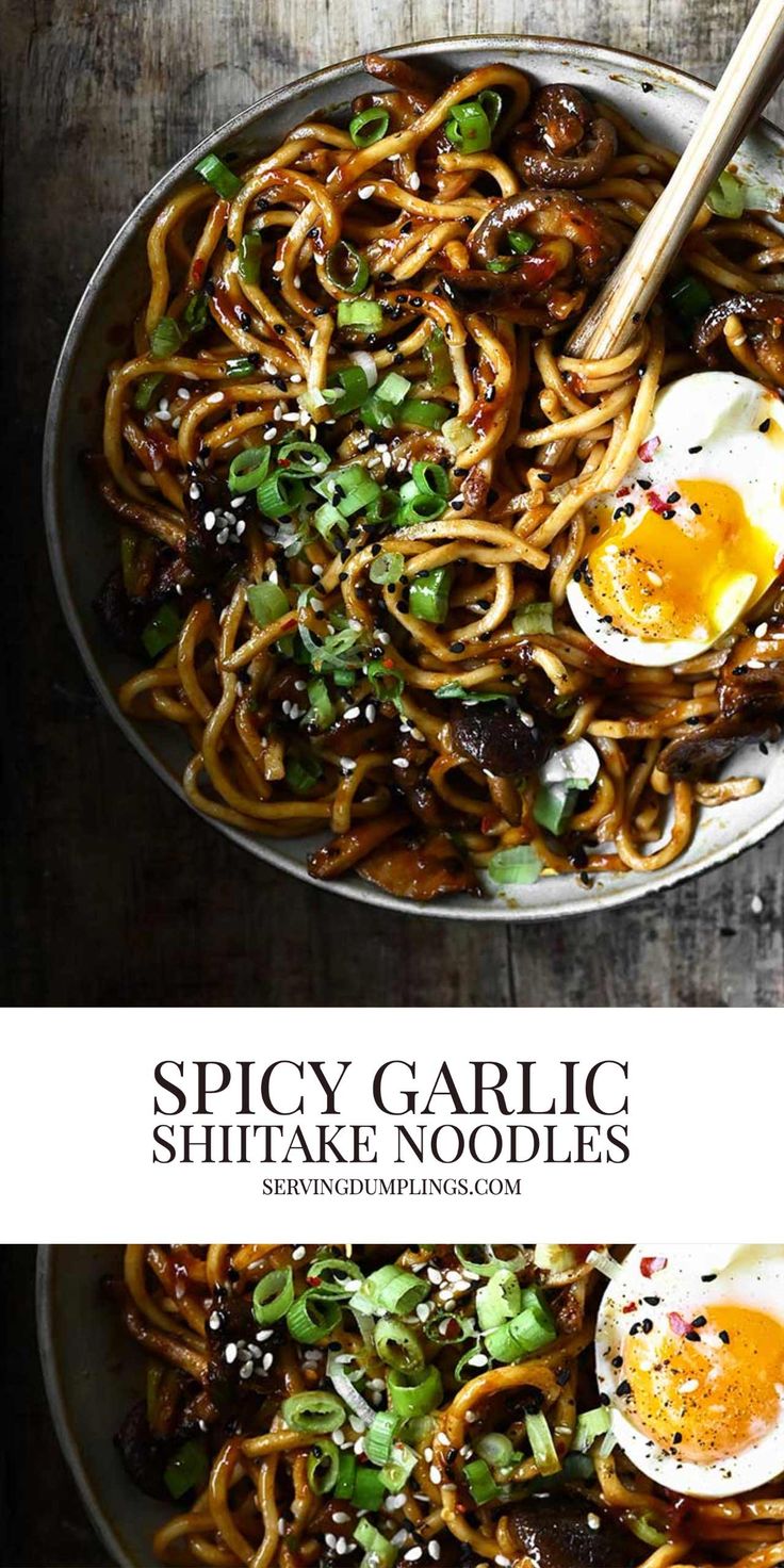 spicy garlic shiitake noodles in a pan with an egg on top