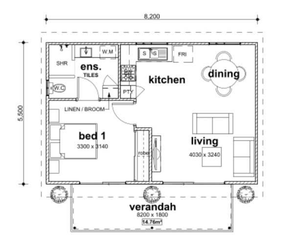 the floor plan for a small house with an attached kitchen and living room, as well as