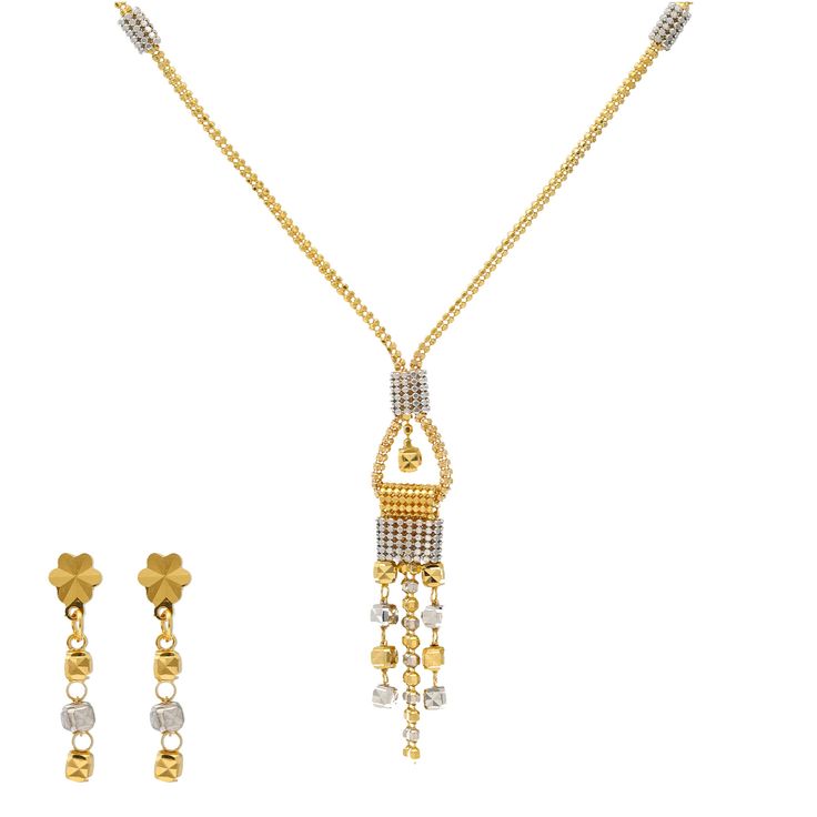 Indulge in the lustrous elegance of this 22k gold necklace and earring set by Virani Jewelers. Each beautiful bead, meticulously designed in 22k yellow and white gold, contributes to a gold jewelry set that reflects the rich sophistication of fine gold jewelry by Virani Jewelers. This 22k gold jewelry set is a wearable art piece and a testament to Virani Jewelers' commitment to creating timeless treasures that captivate with subtlety and refinement. Features • 22k yellow gold • 22k white gold • Dual-tone Yellow Gold Jewelry For Formal Occasions, Elegant Dual-tone Yellow Jewelry, Elegant Yellow Dual-tone Jewelry, Formal Dual-tone Yellow Gold Jewelry, 22k Dual-tone Yellow Gold Necklaces, Dual-tone 22k Yellow Gold Necklaces, Elegant 22k Gold Dual-tone Jewelry, Elegant Dual-tone Yellow Gold Necklace, Yellow Gold Jewelry With Dangling Beads For Formal Events