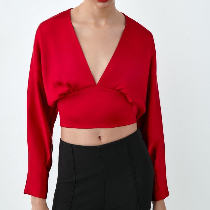 Nwt, Size M Chic Red Party Blouse, Chic Red V-neck Top, Red V-neck Tops For Evening, Red V-neck Evening Tops, Elegant Red Tops For Date Night, Elegant Red Top For Date Night, Chic Red Zara Blouse, Elegant Red Zara Tops, Chic Red Blouse For Evening