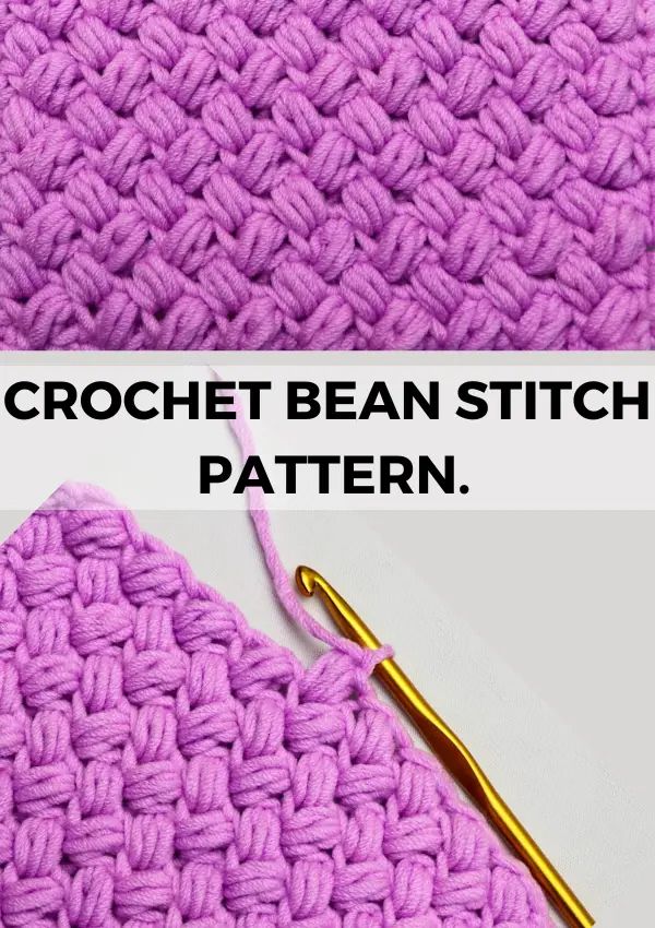 the crochet bean stitch pattern is shown in purple and has a golden knitting needle