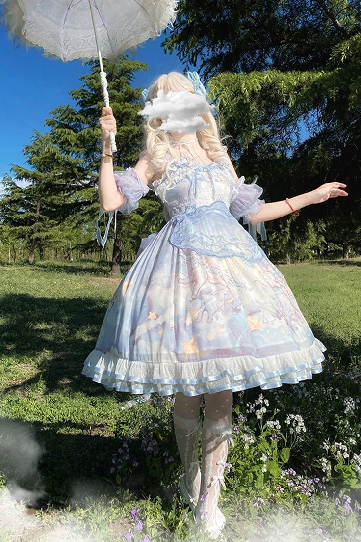 Fabric: Polyester Color: Blue Feature: Print, Ruffle, Bowknot, Lace Style: Sweet Include: Dress + Apron + Hand Sleeves + Trailing + Side Clips Size (IN) Bust W Hand Sleeves, Gothic Princess, Dress Apron, Punk Dress, Sweet Lolita, In The Clouds, Lace Fashion, Lolita Dress, Gothic Lolita