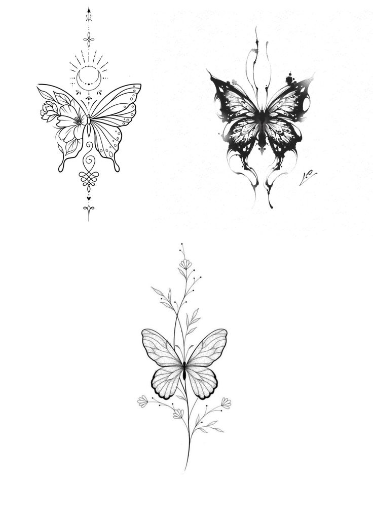 three different butterflies are shown in this black and white photo, one is drawn on paper