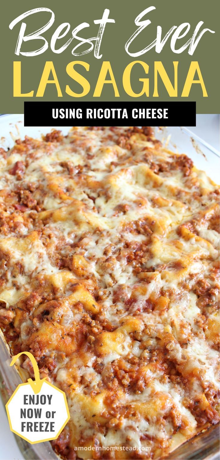 dish of homemade lasagna with text that says best ever homemade lasagna enjoy now or freeze Easy Lasagna Recipe With Ricotta, Lasagna With Ricotta Cheese, Homemade Lasagna Noodles, Cheese Lasagna Recipe, Homemade Lasagna Recipe, Easy Homemade Lasagna, Beef Lasagna Recipe, Homemade Lasagna Recipes, Lasagna Recipe With Ricotta