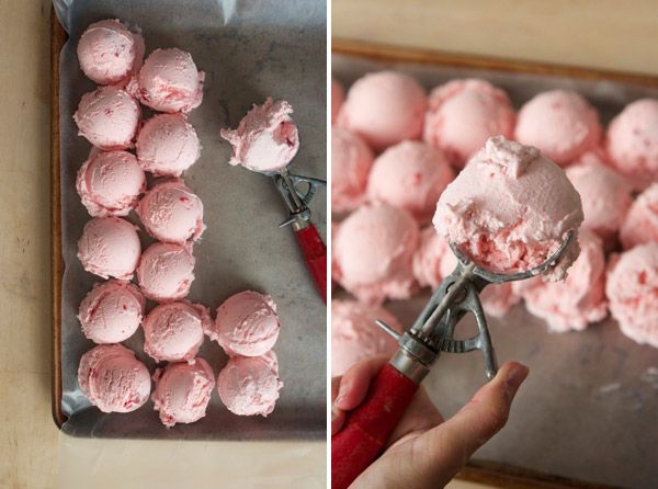 two pictures side by side, one with pink ice cream and the other with red icing