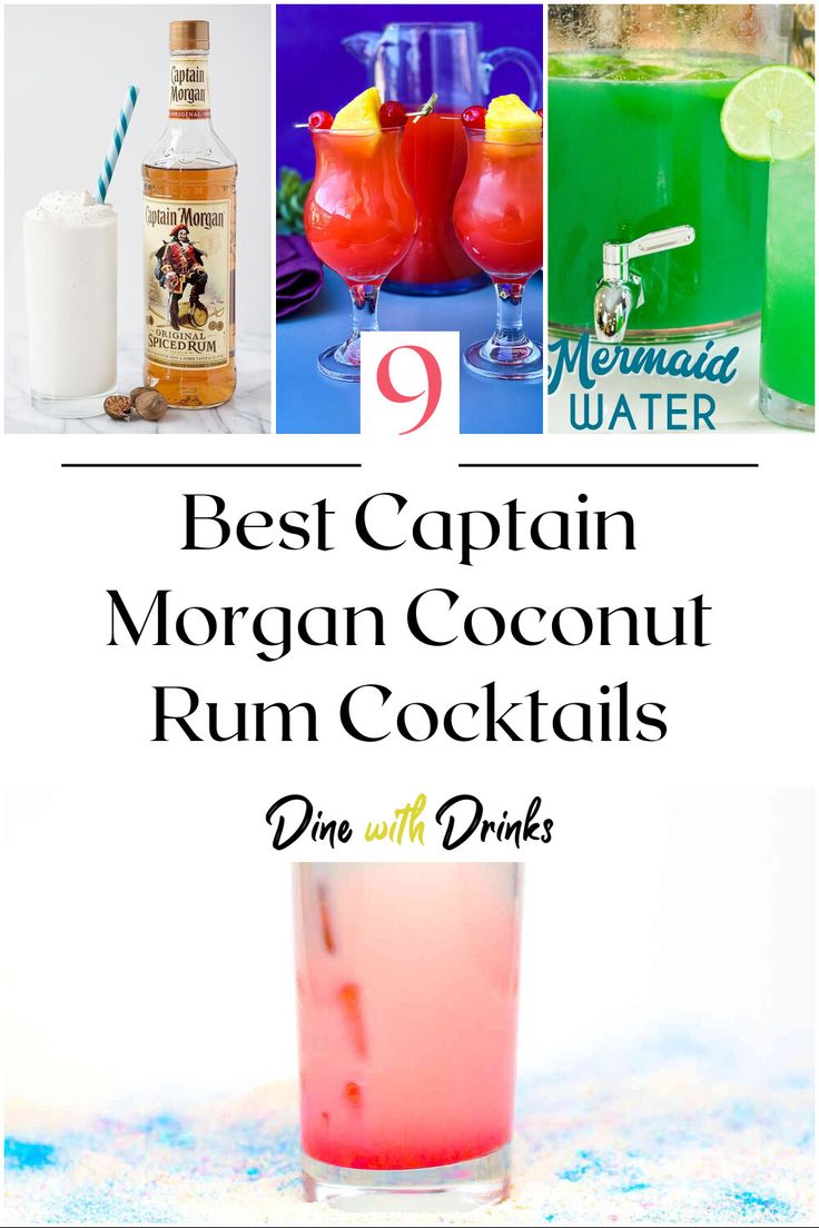 Collage of 4 captain morgan coconut rum cocktails. Captain Morgan Cocktails, Captain Morgan Drinks, Coconut Rum Recipes, Coconut Rum Cocktails, Pirate Drinks, Coconut Rum Drinks, Baileys Drinks, Rum Drinks Recipes, Captain Morgan Rum