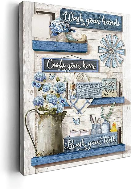 a blue and white wall hanging on a wooden frame with words that say wash your hands, combs your hair, brush your teeth