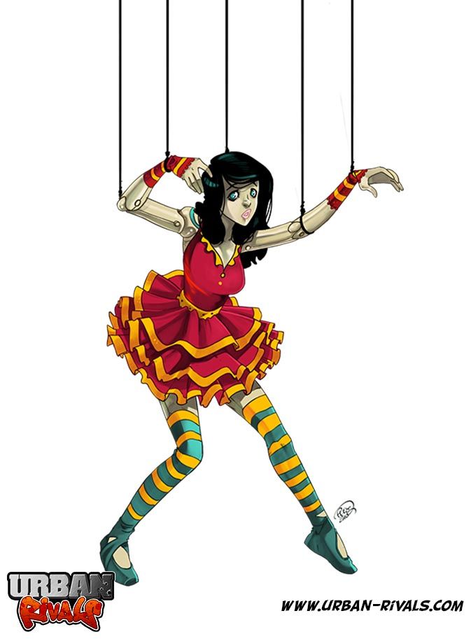 a drawing of a woman hanging on strings with her hands in the air and looking like she is dancing