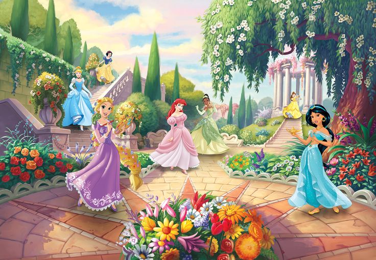 disney princesses in the garden with their dresses and tiara on them, all dressed up