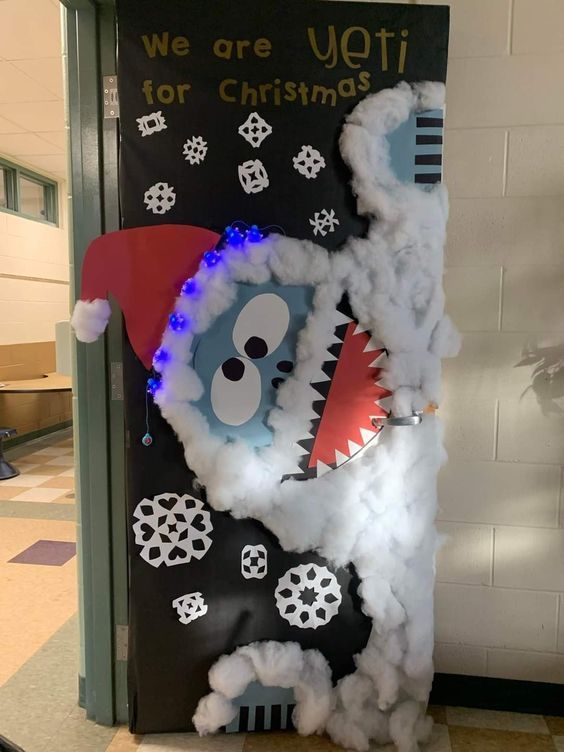 Funny X-mas School Door Ideas Holiday Doors For School, Er Christmas Door Decorations, Rudolph Christmas Door Decorating Contest, 2nd Grade Christmas Door Decorations, Yeti For Christmas Door, Door Decorations Classroom Christmas Fun, Elementary Holiday Door Decorating Ideas, Winter Classroom Door Decorating Contest, Christmas Theme Board Ideas