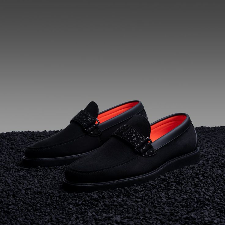 Suede Loafer Black Leather Slip-on Shoes With Studded Rubber Outsoles, Black Business Boat Shoes With Rubber Sole, Black Round Toe Moccasins For Galas, Black Brogue Loafers For Galas, Black Leather Sole Slip-on Boat Shoes, Black Loafers With Brogue Detailing For Galas, Black Loafers With Brogue Detailing And Moc Toe, Black Slip-on Boat Shoes With Leather Sole, Slip-on Black Loafers For Galas